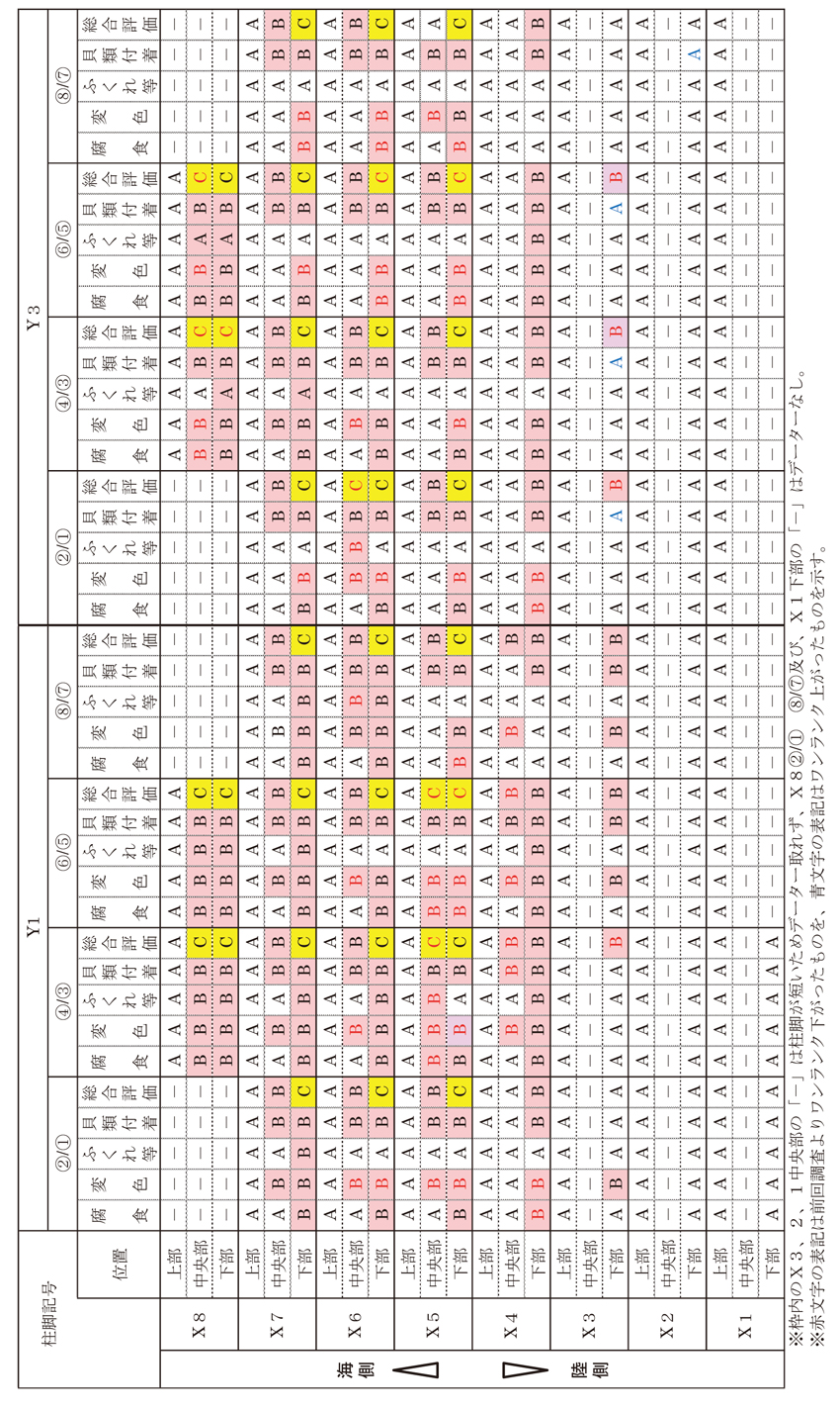 表：柱脚Y1列及びY3列の外観観察結果